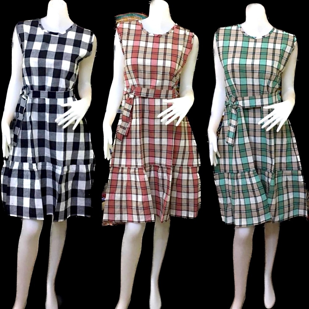 Polished neutral plaid A-line statement dress with a removable self-tie belt. - Picture 8 of 11